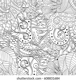 Tracery seamless pattern. Mehndi design. Ethnic monochrome binary doodle texture. Curved doodling black and white background. Vector