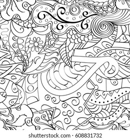 Tracery seamless pattern. Mehndi design. Ethnic monochrome binary doodle texture. Curved doodling black and white background. Vector