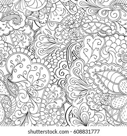 Tracery seamless pattern. Mehndi design. Ethnic monochrome binary doodle texture. Curved doodling black and white background. Vector