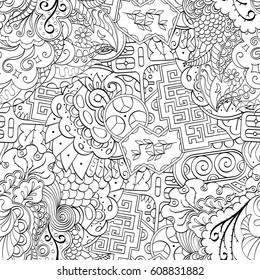 Tracery seamless pattern. Mehndi design. Ethnic monochrome binary doodle texture. Curved doodling black and white background. Vector
