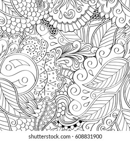 Tracery seamless pattern. Mehndi design. Ethnic monochrome binary doodle texture. Curved doodling black and white background. Vector