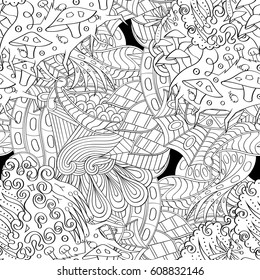Tracery seamless pattern. Mehndi design. Ethnic monochrome binary doodle texture. Curved doodling black and white background. Vector