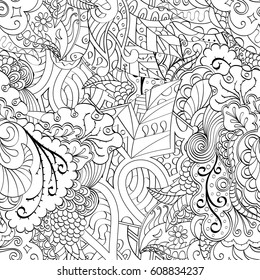 Tracery seamless pattern. Mehndi design. Ethnic monochrome binary doodle texture. Curved doodling black and white background. Vector