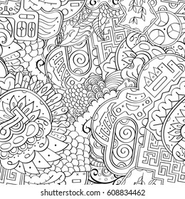 Tracery seamless pattern. Mehndi design. Ethnic monochrome binary doodle texture. Curved doodling black and white background. Vector