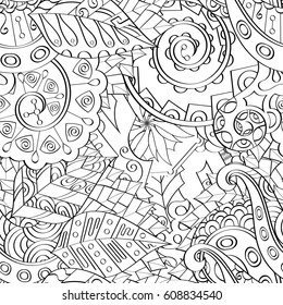 Tracery seamless pattern. Mehndi design. Ethnic monochrome binary doodle texture. Curved doodling black and white background. Vector