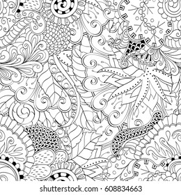 Tracery seamless pattern. Mehndi design. Ethnic monochrome binary doodle texture. Curved doodling black and white background. Vector