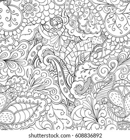 Tracery seamless pattern. Mehndi design. Ethnic monochrome binary doodle texture. Curved doodling black and white background. Vector