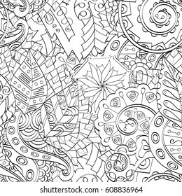 Tracery seamless pattern. Mehndi design. Ethnic monochrome binary doodle texture. Curved doodling black and white background. Vector