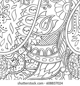 Tracery seamless pattern. Mehndi design. Ethnic monochrome binary doodle texture. Curved doodling black and white background. Vector