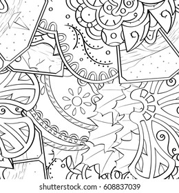 Tracery seamless pattern. Mehndi design. Ethnic monochrome binary doodle texture. Curved doodling black and white background. Vector