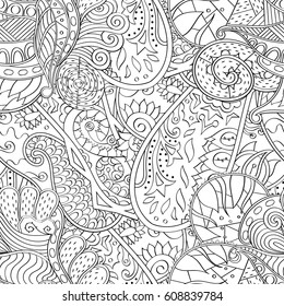 Tracery seamless pattern. Mehndi design. Ethnic monochrome binary doodle texture. Curved doodling black and white background. Vector