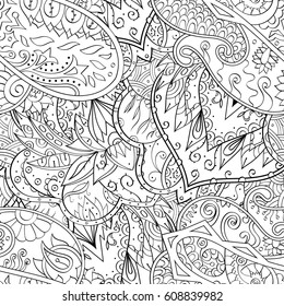 Tracery seamless pattern. Mehndi design. Ethnic monochrome binary doodle texture. Curved doodling black and white background. Vector
