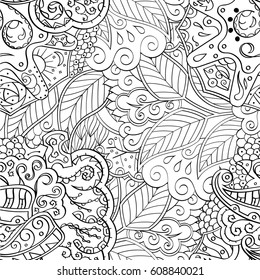 Tracery seamless pattern. Mehndi design. Ethnic monochrome binary doodle texture. Curved doodling black and white background. Vector