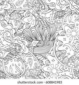 Tracery seamless pattern. Mehndi design. Ethnic monochrome binary doodle texture. Curved doodling black and white background. Vector