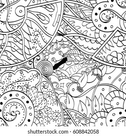 Tracery seamless pattern. Mehndi design. Ethnic monochrome binary doodle texture. Curved doodling black and white background. Vector