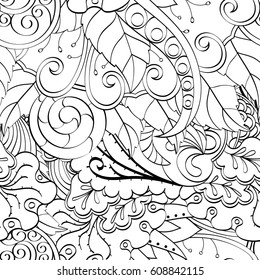 Tracery seamless pattern. Mehndi design. Ethnic monochrome binary doodle texture. Curved doodling black and white background. Vector