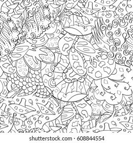 Tracery seamless pattern. Mehndi design. Ethnic monochrome binary doodle texture. Curved doodling black and white background. Vector