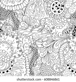 Tracery seamless pattern. Mehndi design. Ethnic monochrome binary doodle texture. Curved doodling black and white background. Vector