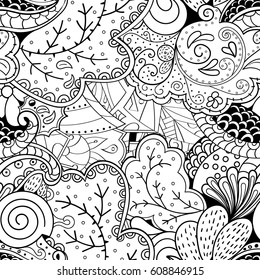 Tracery seamless pattern. Mehndi design. Ethnic monochrome binary doodle texture. Curved doodling black and white background. Vector