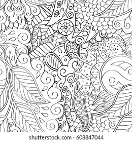 Tracery seamless pattern. Mehndi design. Ethnic monochrome binary doodle texture. Curved doodling black and white background. Vector