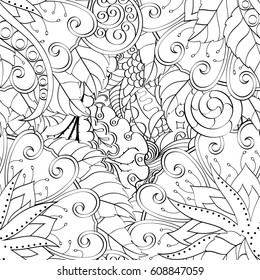 Tracery seamless pattern. Mehndi design. Ethnic monochrome binary doodle texture. Curved doodling black and white background. Vector