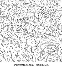 Tracery seamless pattern. Mehndi design. Ethnic monochrome binary doodle texture. Curved doodling black and white background. Vector