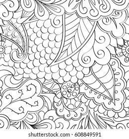 Tracery seamless pattern. Mehndi design. Ethnic monochrome binary doodle texture. Curved doodling black and white background. Vector