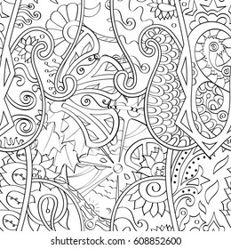 Tracery seamless pattern. Mehndi design. Ethnic monochrome binary doodle texture. Curved doodling black and white background. Vector