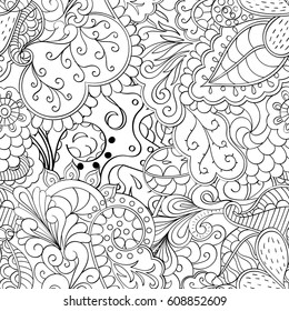Tracery seamless pattern. Mehndi design. Ethnic monochrome binary doodle texture. Curved doodling black and white background. Vector
