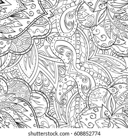 Tracery seamless pattern. Mehndi design. Ethnic monochrome binary doodle texture. Curved doodling black and white background. Vector