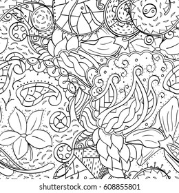 Tracery seamless pattern. Mehndi design. Ethnic monochrome binary doodle texture. Curved doodling black and white background. Vector