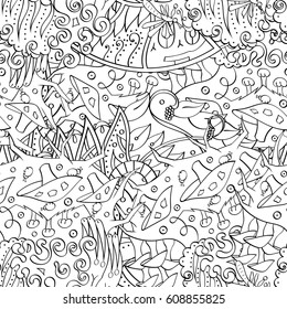 Tracery seamless pattern. Mehndi design. Ethnic monochrome binary doodle texture. Curved doodling black and white background. Vector