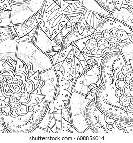 Tracery seamless pattern. Mehndi design. Ethnic monochrome binary doodle texture. Curved doodling black and white background. Vector