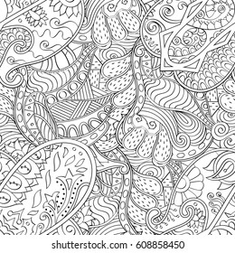 Tracery seamless pattern. Mehndi design. Ethnic monochrome binary doodle texture. Curved doodling black and white background. Vector