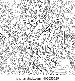Tracery seamless pattern. Mehndi design. Ethnic monochrome binary doodle texture. Curved doodling black and white background. Vector