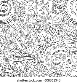 Tracery seamless pattern. Mehndi design. Ethnic monochrome binary doodle texture. Curved doodling black and white background. Vector