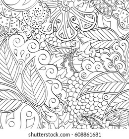 Tracery seamless pattern. Mehndi design. Ethnic monochrome binary doodle texture. Curved doodling black and white background. Vector
