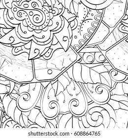 Tracery seamless pattern. Mehndi design. Ethnic monochrome binary doodle texture. Curved doodling black and white background. Vector