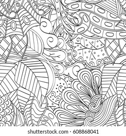 Tracery seamless pattern. Mehndi design. Ethnic monochrome binary doodle texture. Curved doodling black and white background. Vector