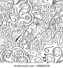 Tracery seamless pattern. Mehndi design. Ethnic monochrome binary doodle texture. Curved doodling black and white background. Vector