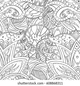 Tracery seamless pattern. Mehndi design. Ethnic monochrome binary doodle texture. Curved doodling black and white background. Vector