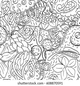 Tracery seamless pattern. Mehndi design. Ethnic monochrome binary doodle texture. Curved doodling black and white background. Vector