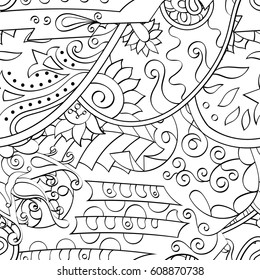 Tracery seamless pattern. Mehndi design. Ethnic monochrome binary doodle texture. Curved doodling black and white background. Vector