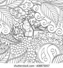Tracery seamless pattern. Mehndi design. Ethnic monochrome binary doodle texture. Curved doodling black and white background. Vector