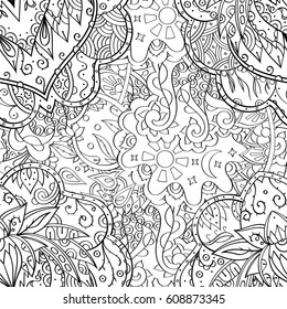 Tracery seamless pattern. Mehndi design. Ethnic monochrome binary doodle texture. Curved doodling black and white background. Vector