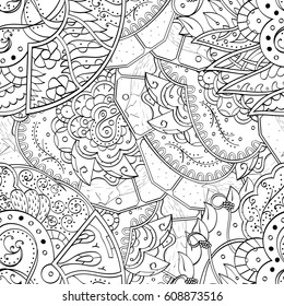 Tracery seamless pattern. Mehndi design. Ethnic monochrome binary doodle texture. Curved doodling black and white background. Vector