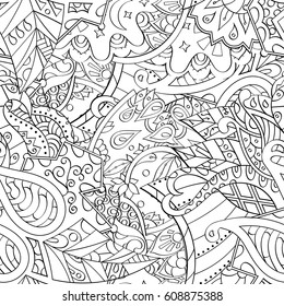Tracery seamless pattern. Mehndi design. Ethnic monochrome binary doodle texture. Curved doodling black and white background. Vector