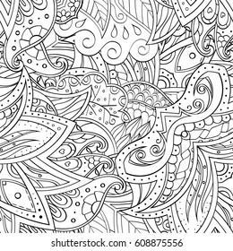 Tracery seamless pattern. Mehndi design. Ethnic monochrome binary doodle texture. Curved doodling black and white background. Vector