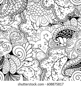 Tracery seamless pattern. Mehndi design. Ethnic monochrome binary doodle texture. Curved doodling black and white background. Vector