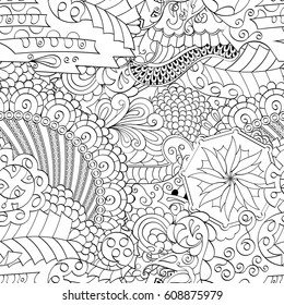 Tracery seamless pattern. Mehndi design. Ethnic monochrome binary doodle texture. Curved doodling black and white background. Vector